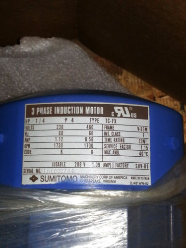 Sumitomo 3 Phase Induction Motor Type TC-FX HN0033744 V-63M