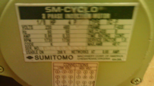 SUMITOMO CNFMS-01-4085YA-6 INDUCTION MOTOR 1/8 HP 3 PHASE 230V 292 RPM