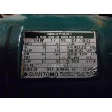 SUMITOMO SM-CYCLO 3 PHASE AC INDUCTION GEAR MOTOR with BRAKE WVM93100   RPM = 30