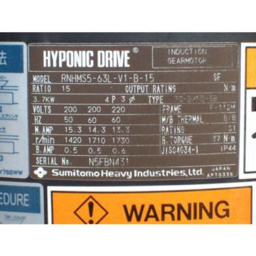 5 HP INDUCTION GEAR MOTOR RNHMS5-63L-V1-B-15  SUMITOMO HYPONIC DRIVE 37 KW