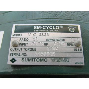 Sumitomo SM-Cyclo VC3115 Inline Gear Reducer 51:1 Ratio 278 Hp
