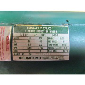 SUMITOMO; SM-CYCLO 1Ph Motor; Model S-TC-F; 1/3HP; 115/230 Volts; W/43:1 Ratio