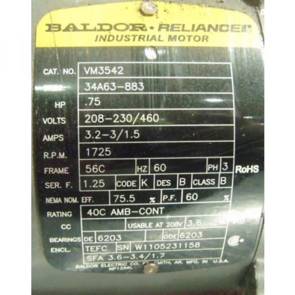 BALDOR RELIANCE 3/4 HP MOTOR VM3542 WITH SUMITOMO GEAR REDUCER HS3105H8 #3 image