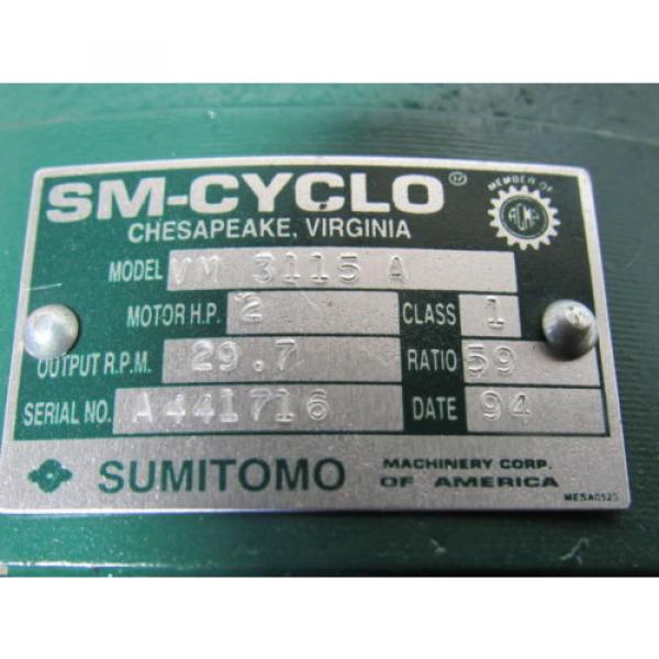 SUMITOMO VM 3115A 2 HP SM-CYCLO Gearmotor 297 RPM Output 59:1 230/460V #8 image